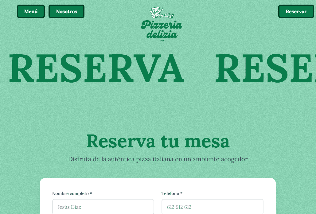 Captura de pantalla de la página web Pizzería Delizia