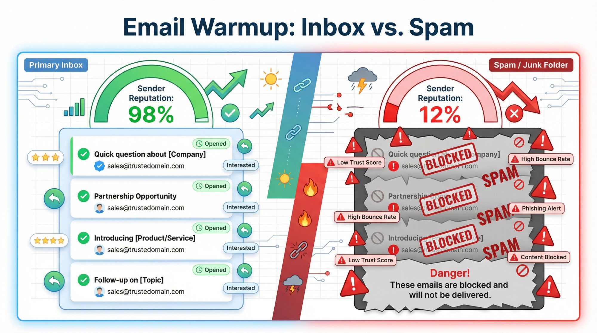 Split-panel comparison showing cold emails landing in primary inbox vs spam folder with sender reputation meter