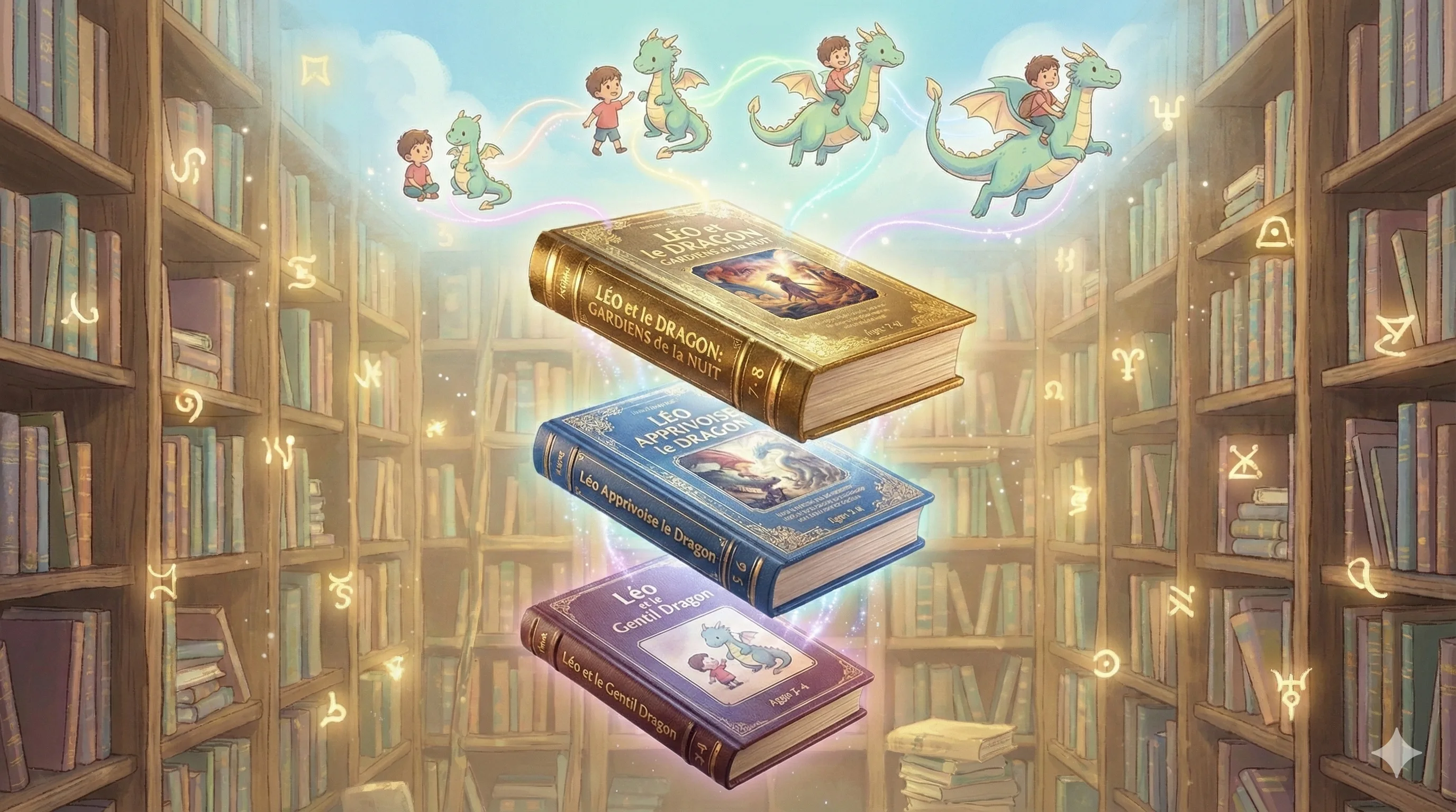 Bibliothèque magique avec des livres volants, symbolisant l'adaptation automatique du vocabulaire à l'âge de l'enfant.