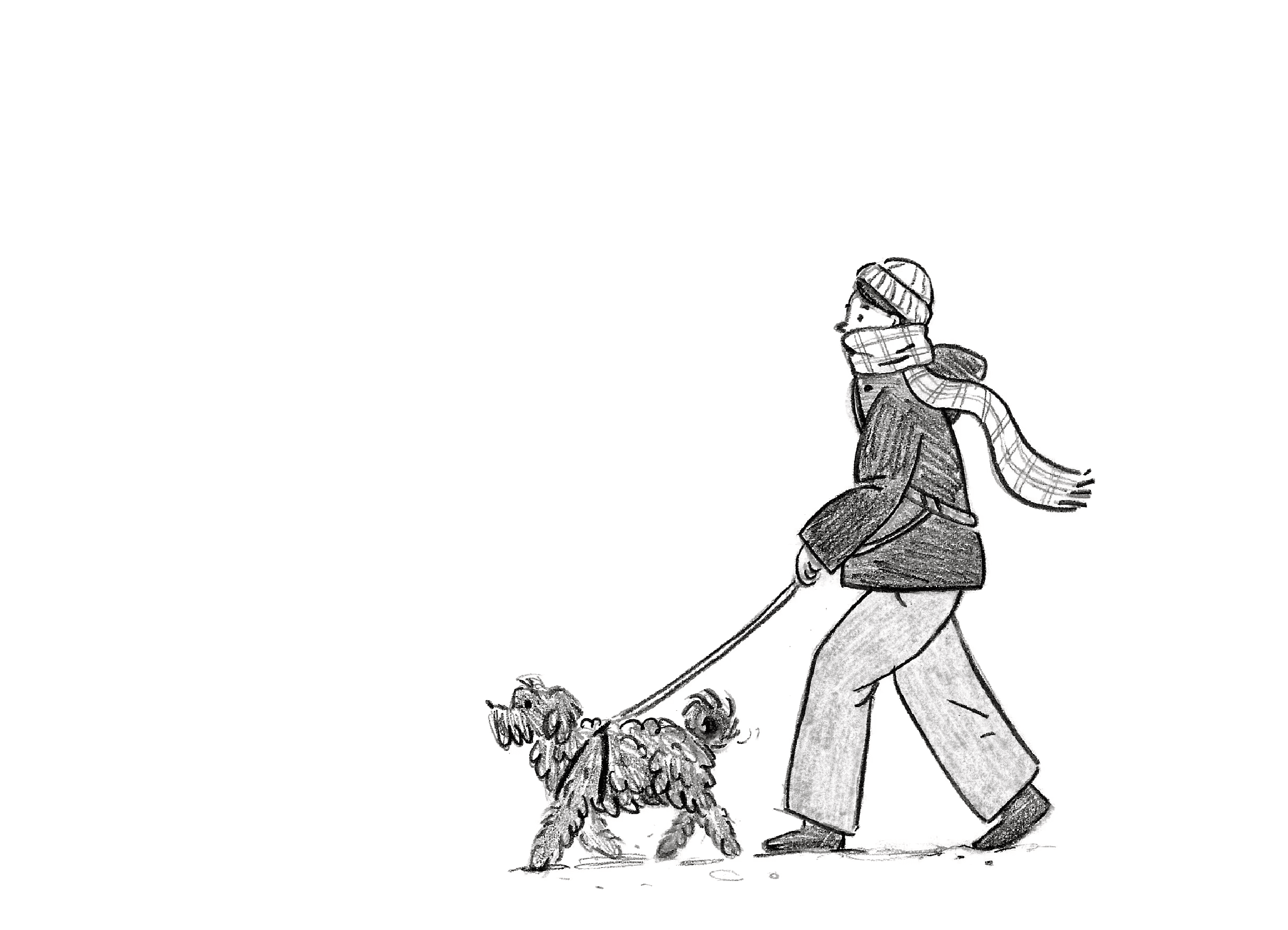 Pencil illustration of Choco and I walking