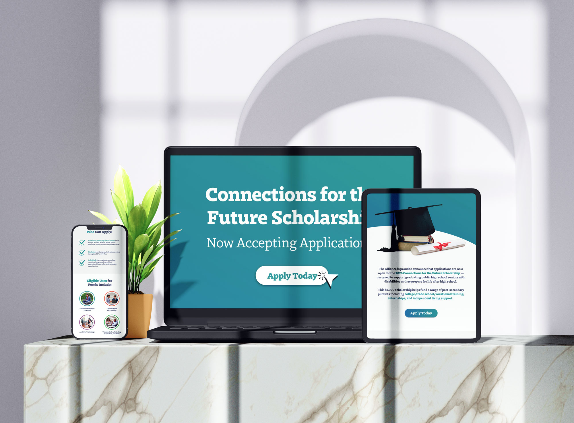 A showcase presentation of how the scholarship email would look on desktop, tablet and mobile