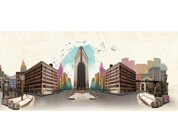 A stylized cityscape illustration features two symmetrical, multi-story brick buildings flanking a central, taller, dark brick tower. The buildings are arranged symmetrically on either side of a central paved pathway. The background includes a stylized skyline with additional buildings in pastel colors. A light blue splash is visible behind the central tower. Small potted plants are placed along the right side of the pathway, and a clock is mounted on the left.