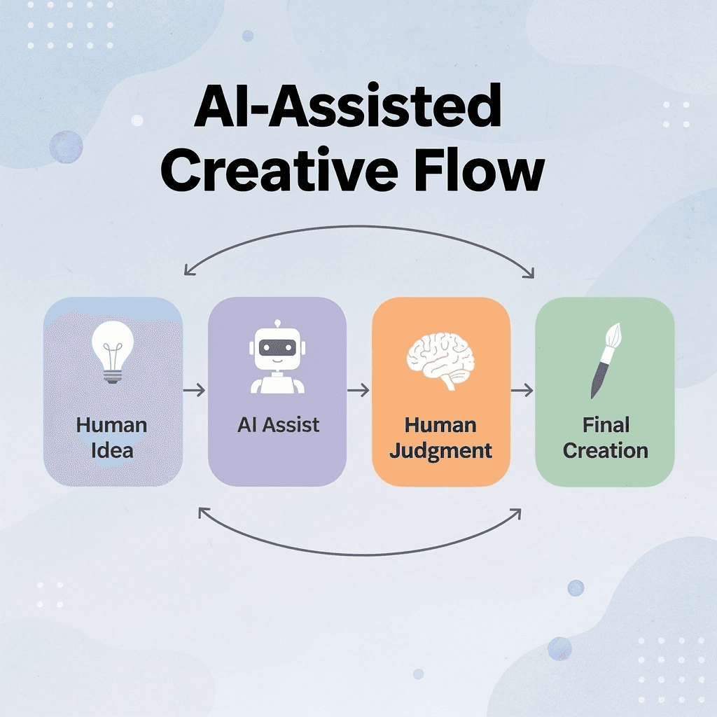 Process flow showing human idea through AI assistance to final creation