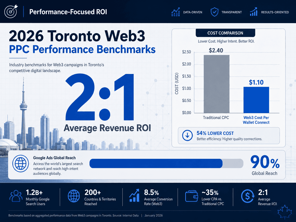 A data dashboard showing Google Ads ROI benchmarks and Web3 specific metrics like cost per wallet connect for Toronto-based tech firms.