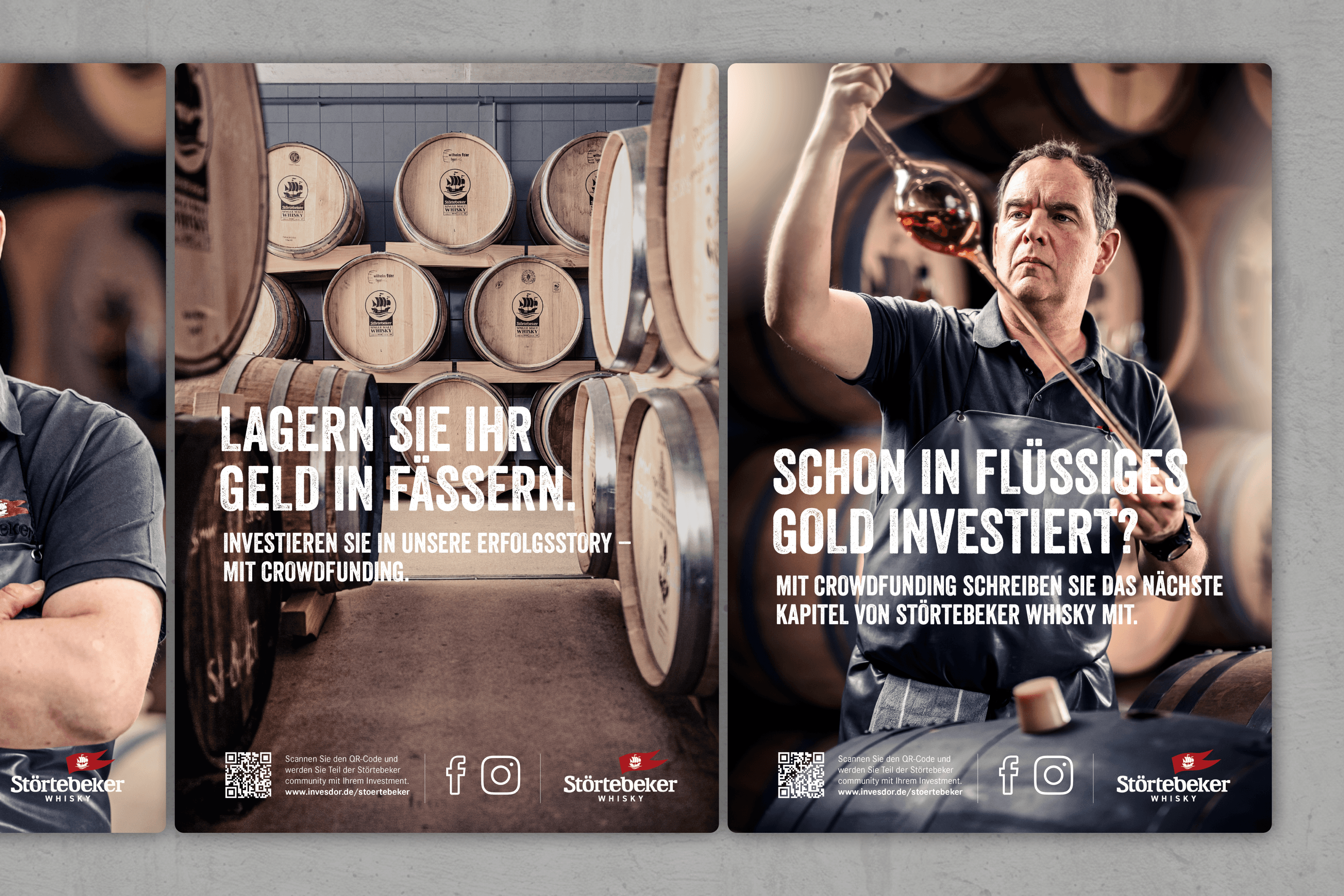 Whisky barrels and a man with a pipette tasting whisky.