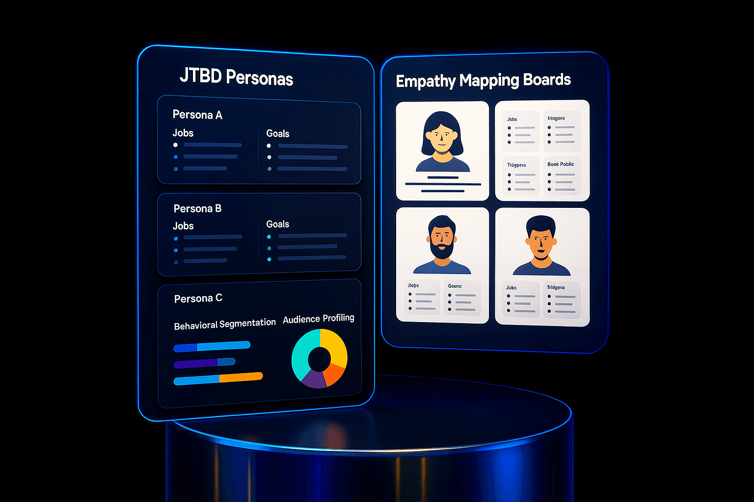 Workflow showing JTBD personas with mapped user jobs and empathy boards