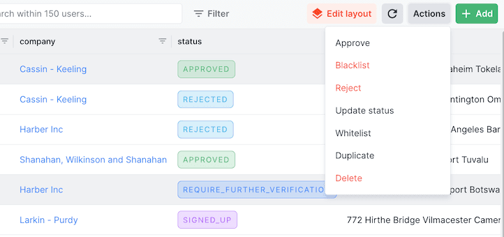 A screenshot from a demo project built on Forest Admin that shows the list of custom actions. We don’t have access to our customer data.