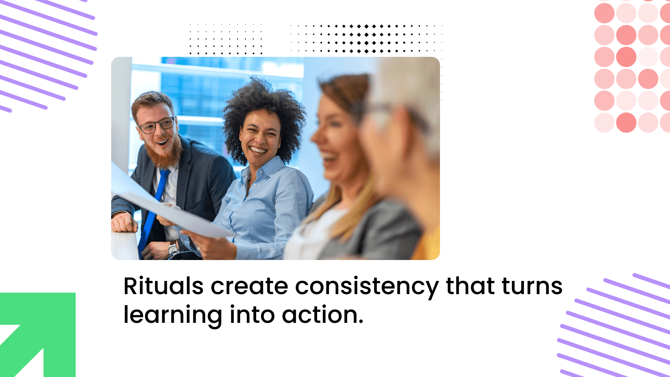 Coaching group laughing and reviewing notes together with text explaining rituals create consistency that drives action.