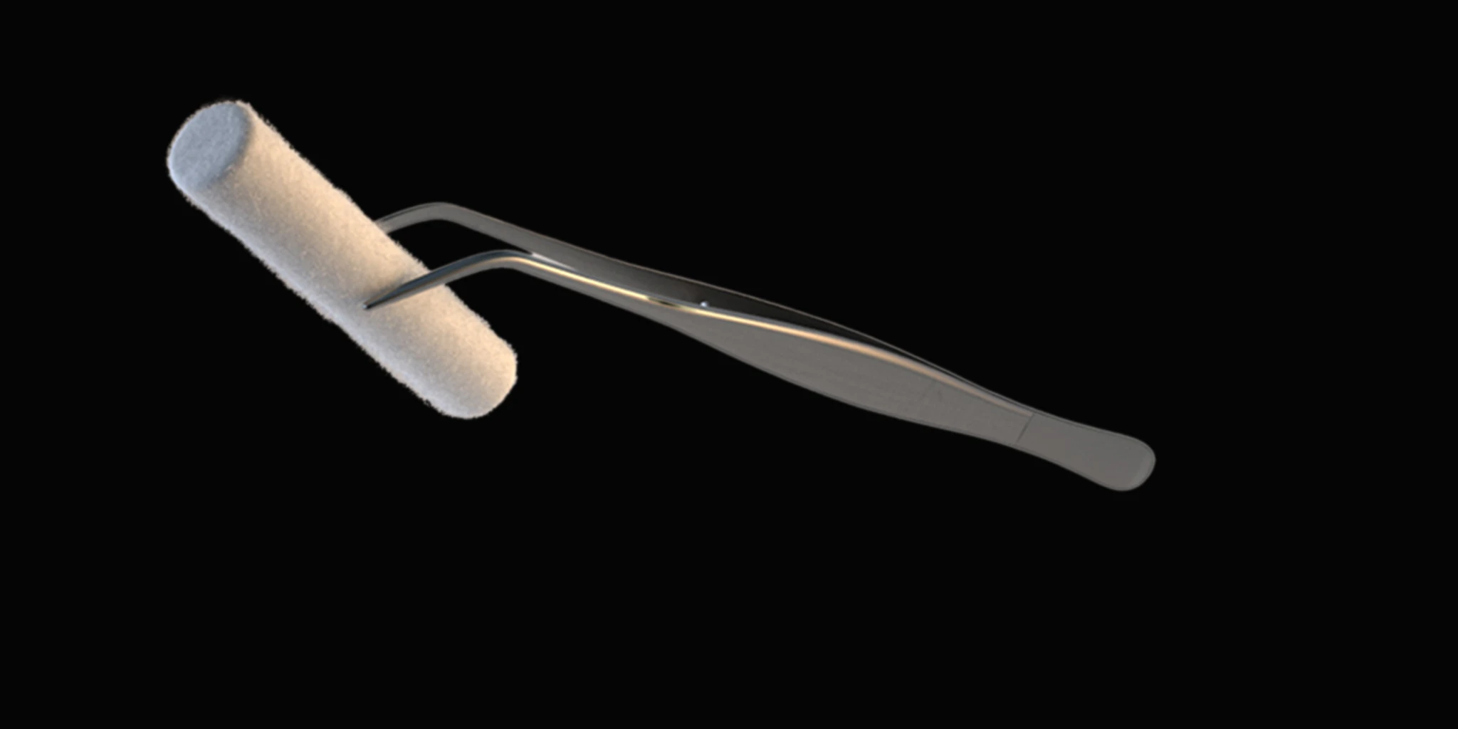 A paint roller with a handle, set against a dark background.