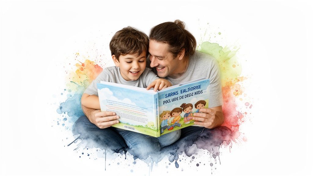 Smiling father and son reading a colorful children's book together, surrounded by watercolor splashes.