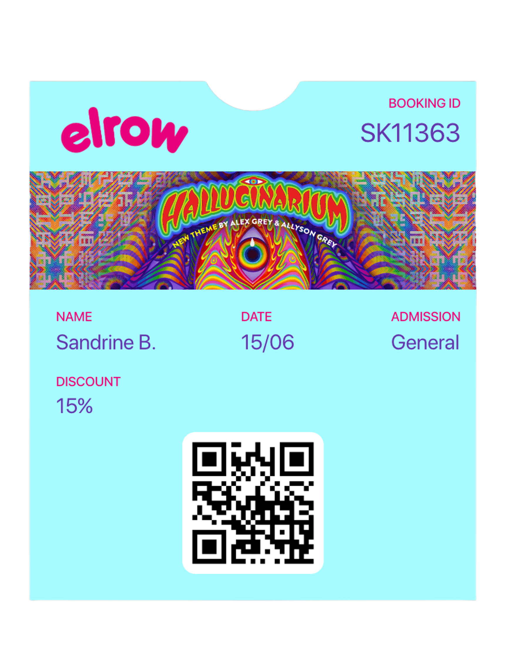 A colorful event badge with a QR code, name, date, and location details. Vibrant design with psychedelic patterns.