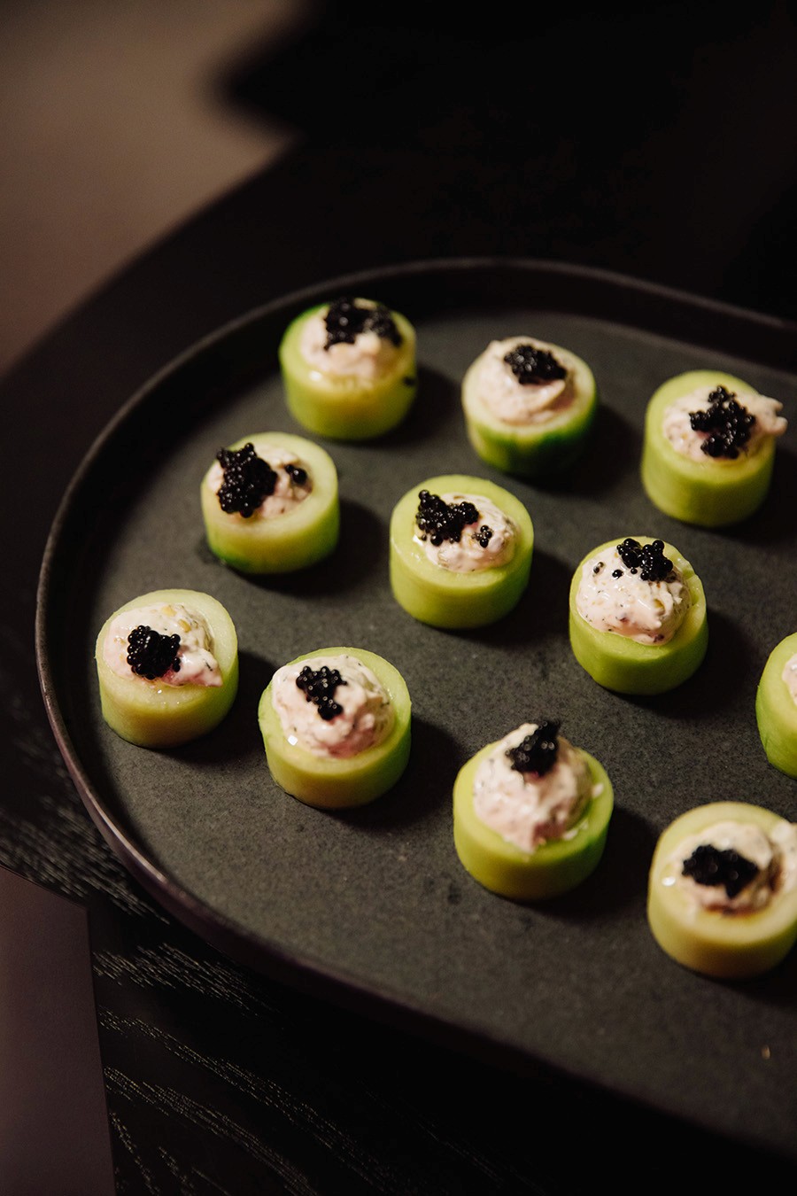 Compressed Cucumber, macadamia crème & charcoal pearls (VG/GF)