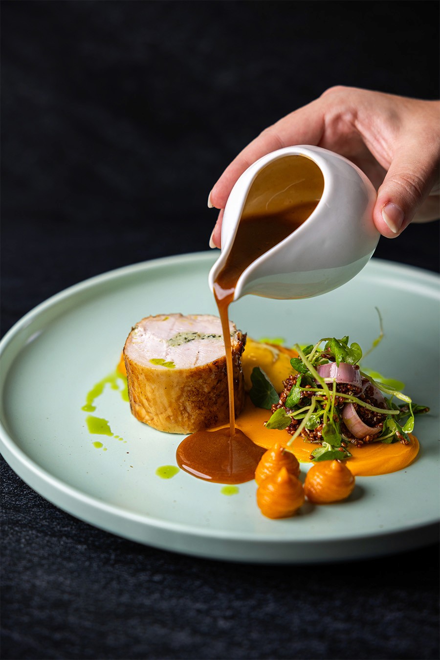 Roast Chicken main, with just being poured over the plate