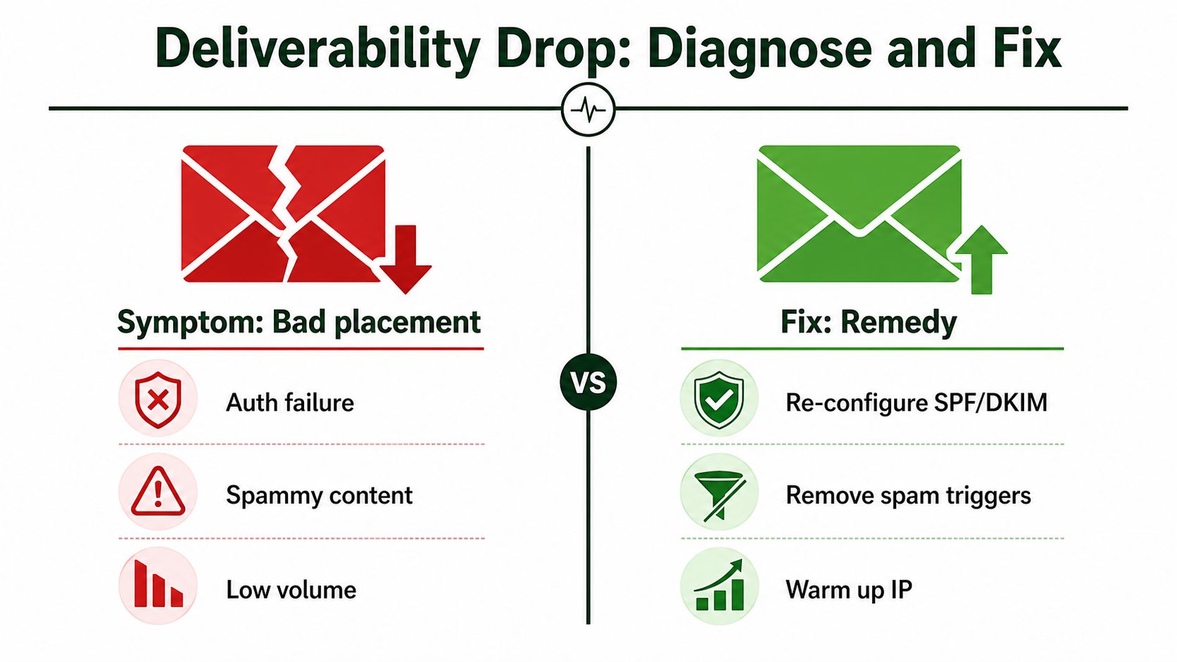 An infographic comparing email deliverability symptoms like bad placement with remedies like SPF, DKIM, and IP warm-up.