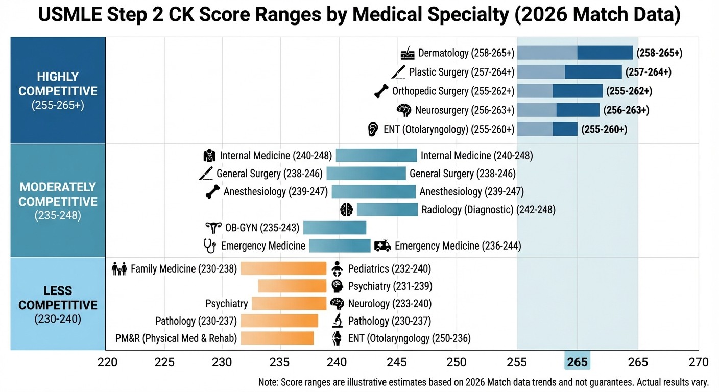 Step 2 CK score ranges by specialty based on 2026 NRMP match data