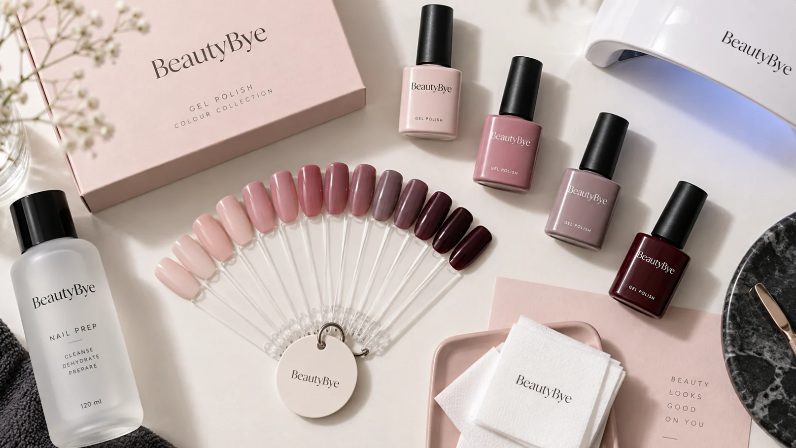 BeautyBye gel polish bottles and colour swatches arranged on a neutral salon desk