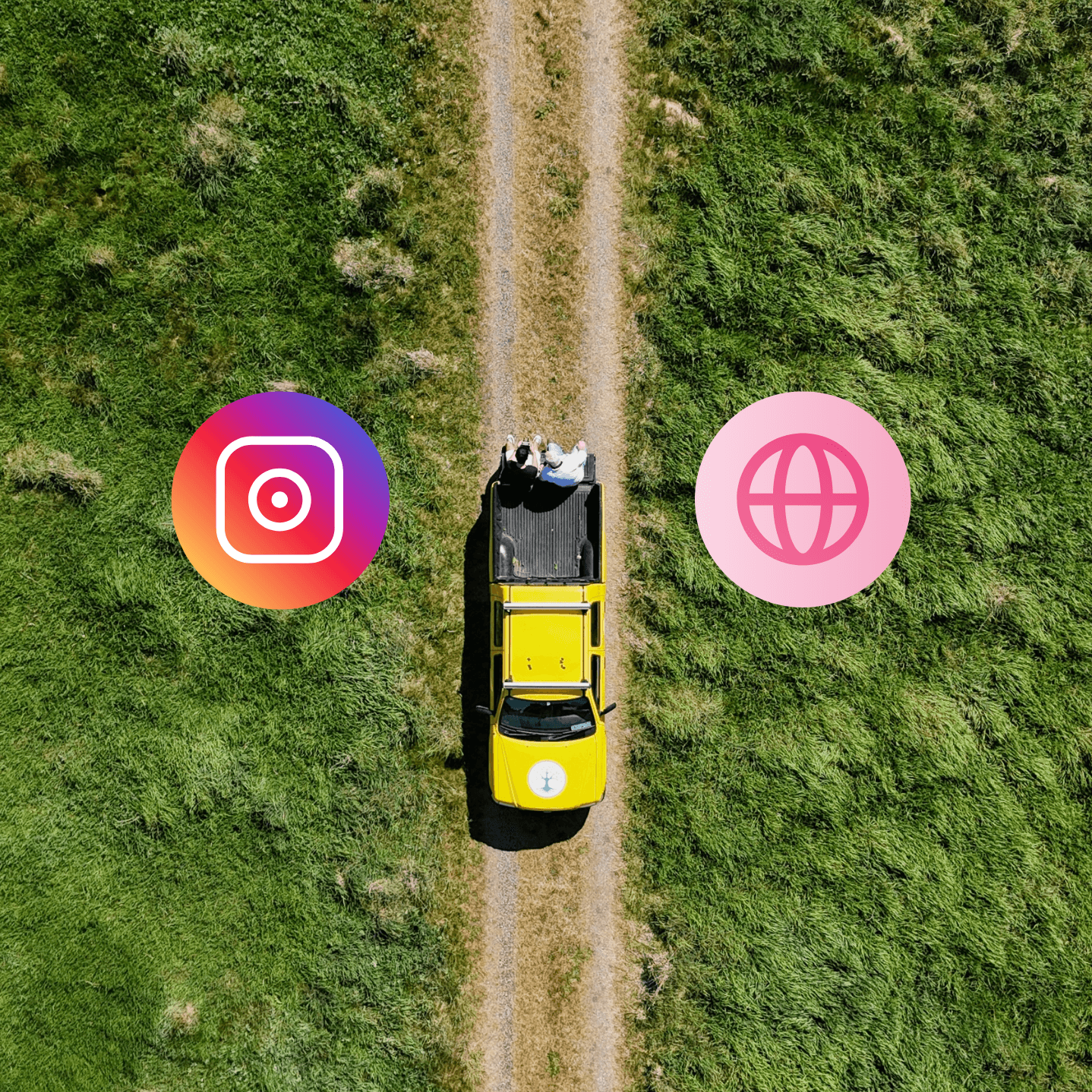 birdseye view of yellow truck with grass and instagram logo and website logo on either side 