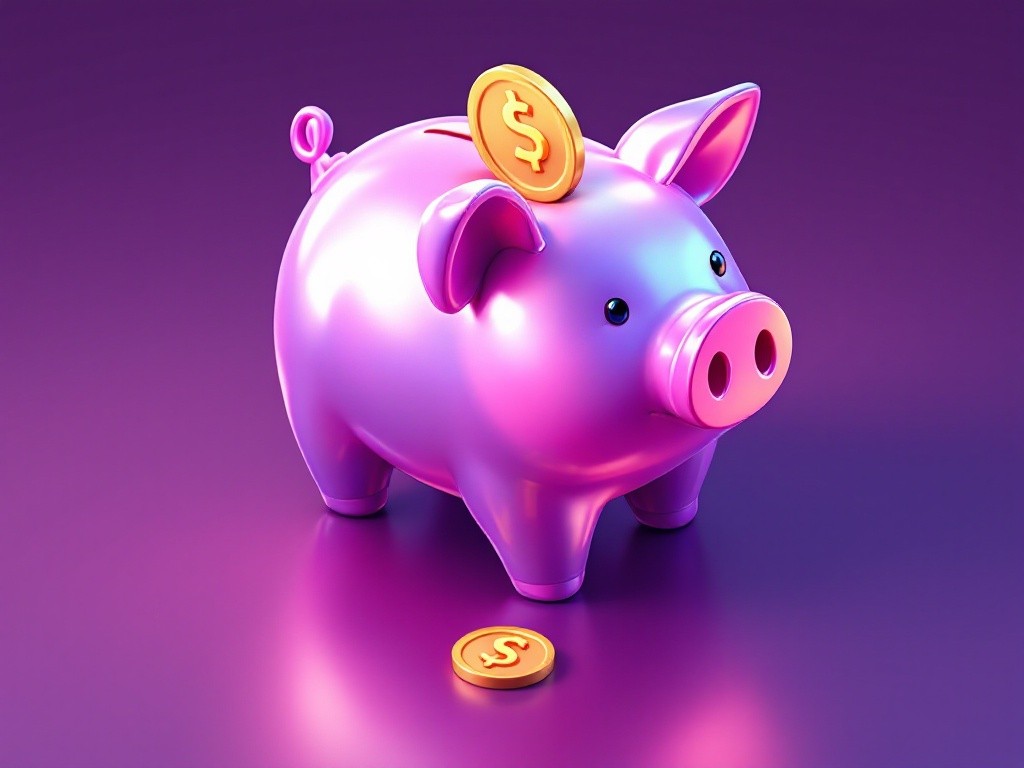 A pink piggy bank with a gold coin on top