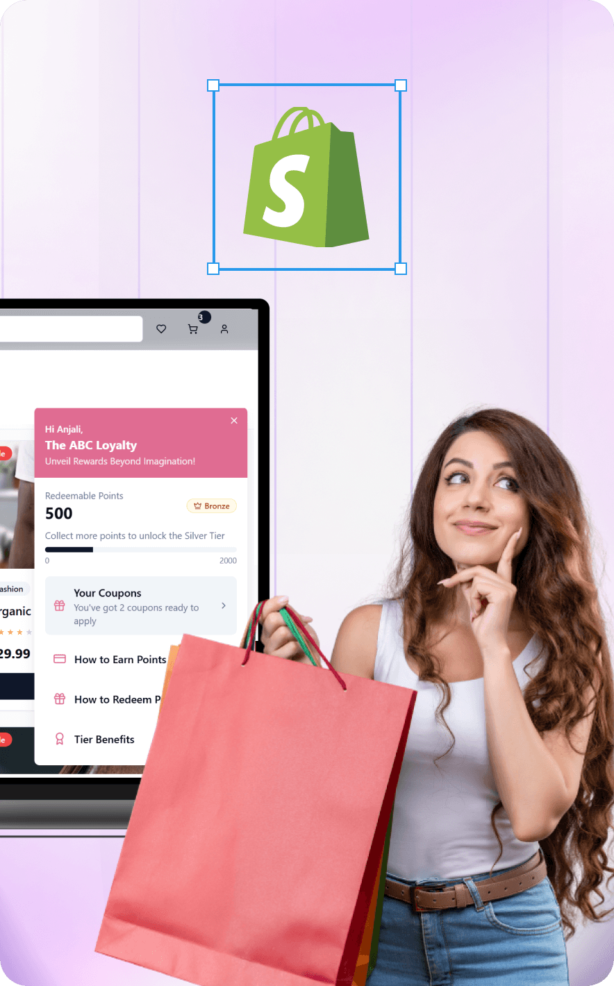 Loyalty program software interface embedded in Shopify storefront showing points, tiers, and customer rewards