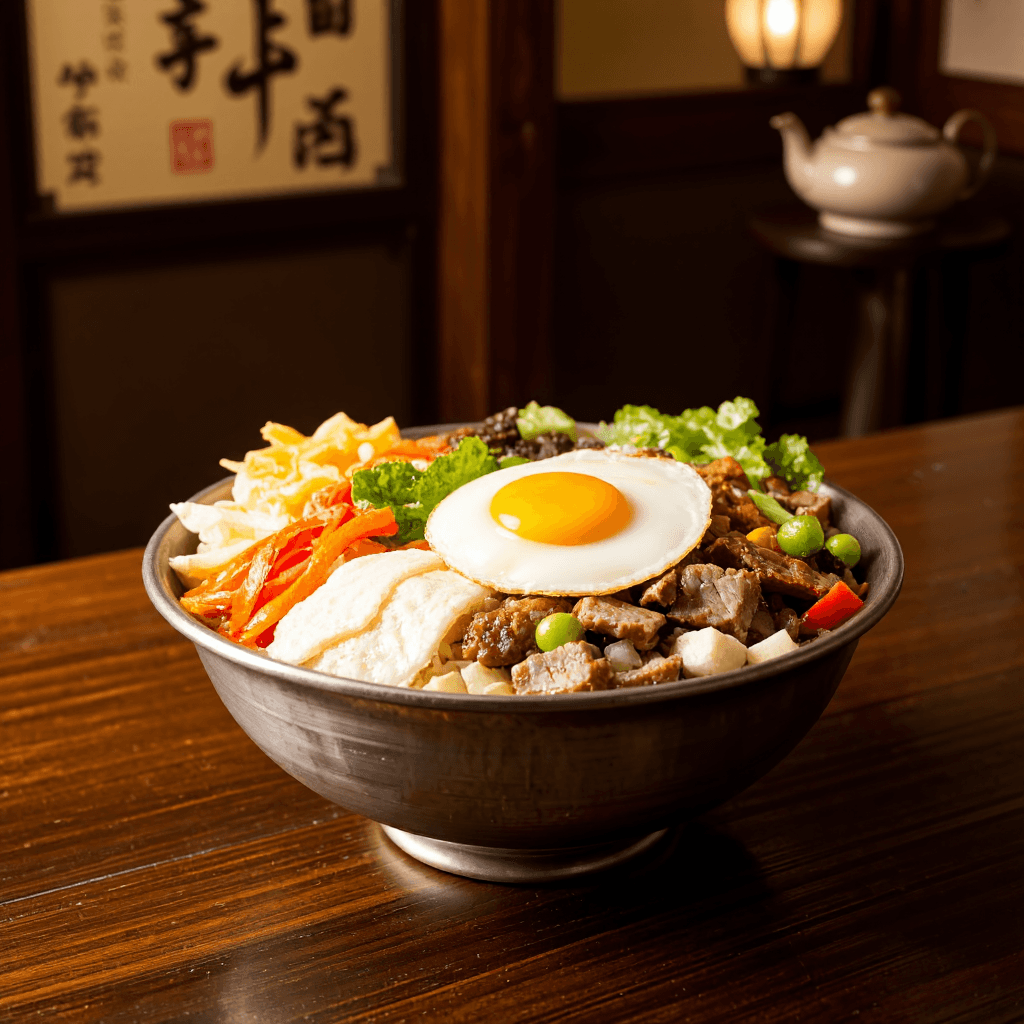 product photography of a bowl of bibimbap, a mixed rice dish with vegetables and meat