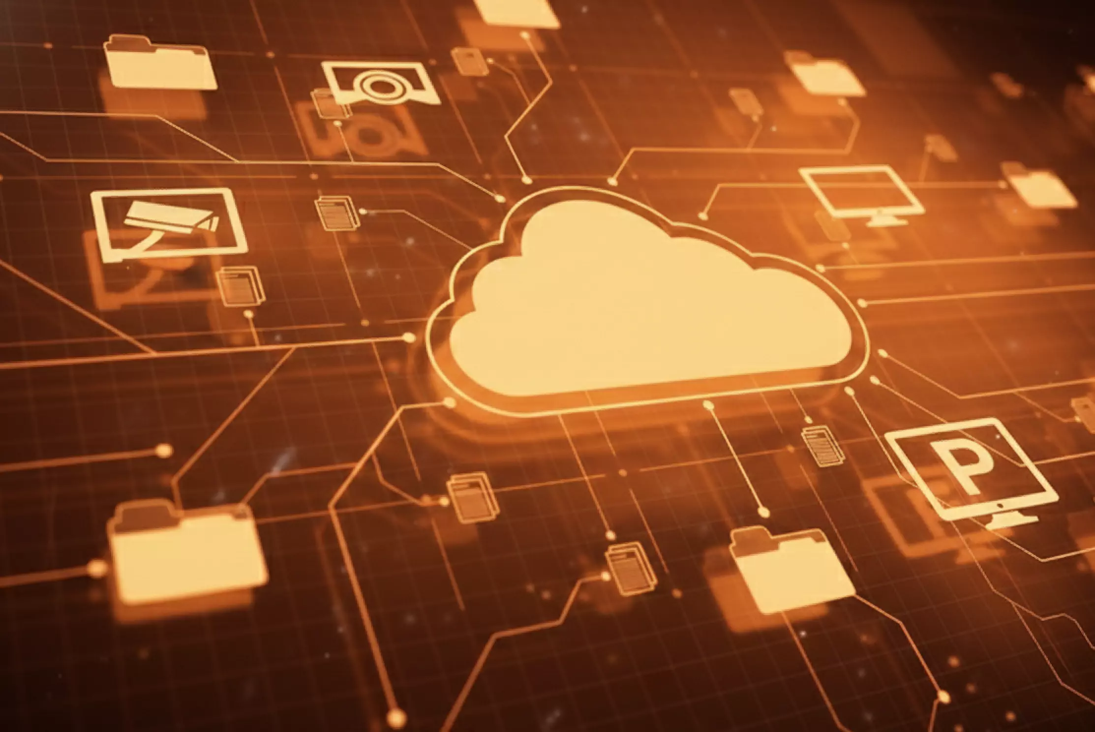 클라우드 아이콘을 중심으로 카메라와 폴더, 모니터 아이콘이 연결된 IT 인프라 개념 그래픽