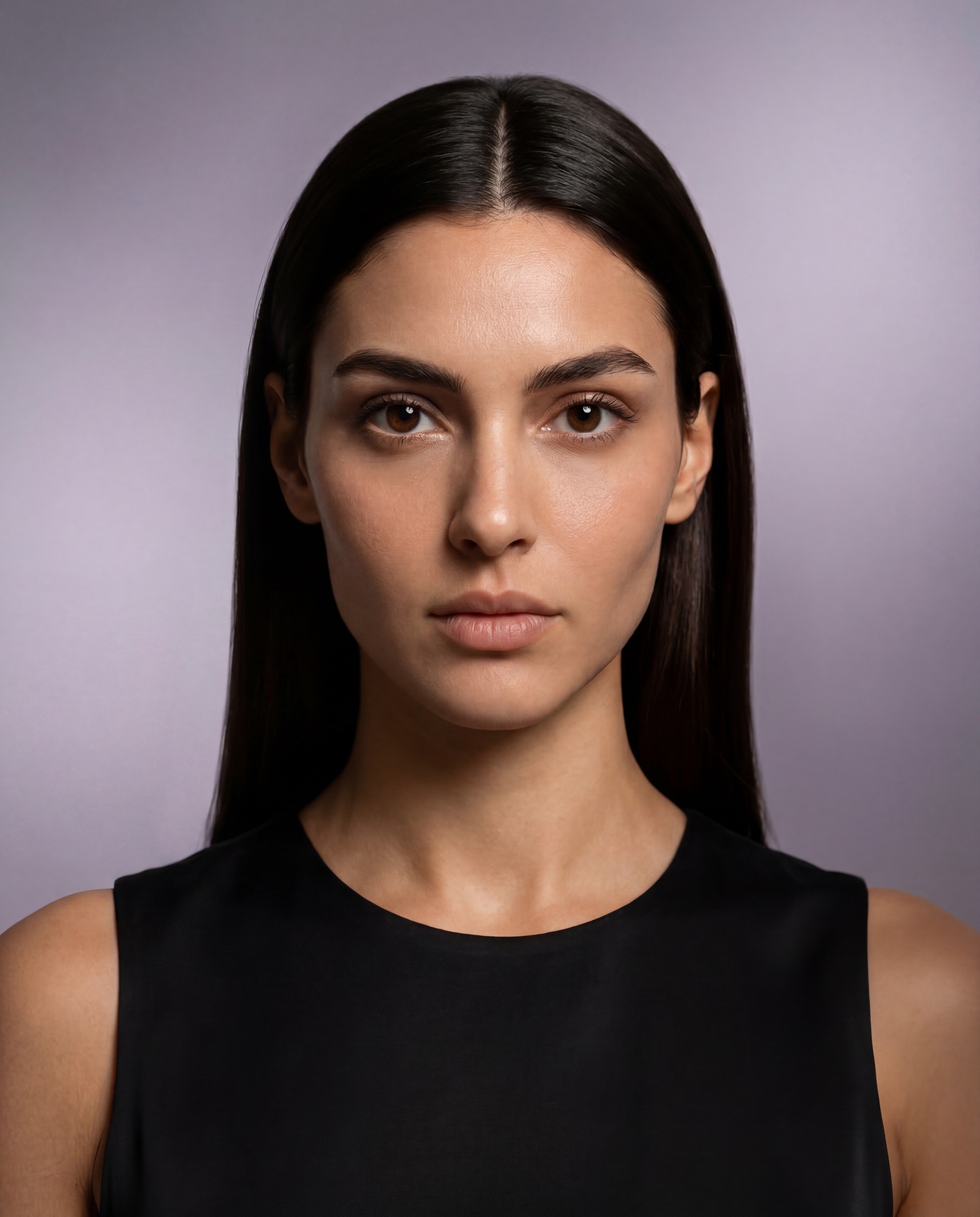 Tamar Buchnik AI model portrait, dark straight hair, bold studio look, Gemzy AI jewelry studio