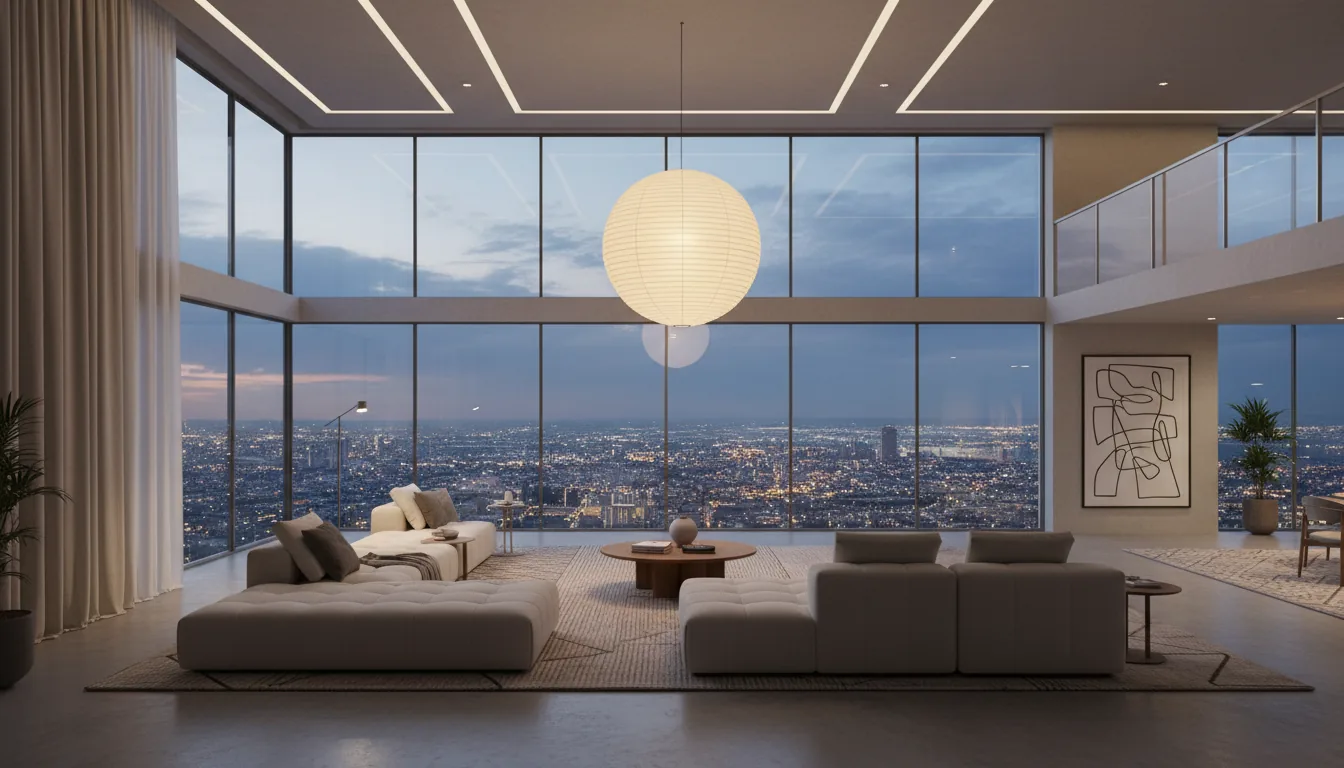 A photorealistic 3D architectural visualization in the style of Twinmotion or Lumion, depicting a luxurious, modern double-height penthouse living room at dusk. The scene is dominated by floor-to-ceiling windows offering a panoramic view of an illuminated city skyline with a cloudy night sky. The interior features soft, warm ambient lighting from a large central paper lantern pendant light and other subtle fixtures, creating a moody and sophisticated atmosphere. The space is furnished with two large, low-profile modular puffy sofas in a light beige fabric on area rugs, with polished concrete floors. A heavy, floor-to-ceiling cream curtain hangs to one side. In the background, a mezzanine level and a minimalist line art painting are visible.