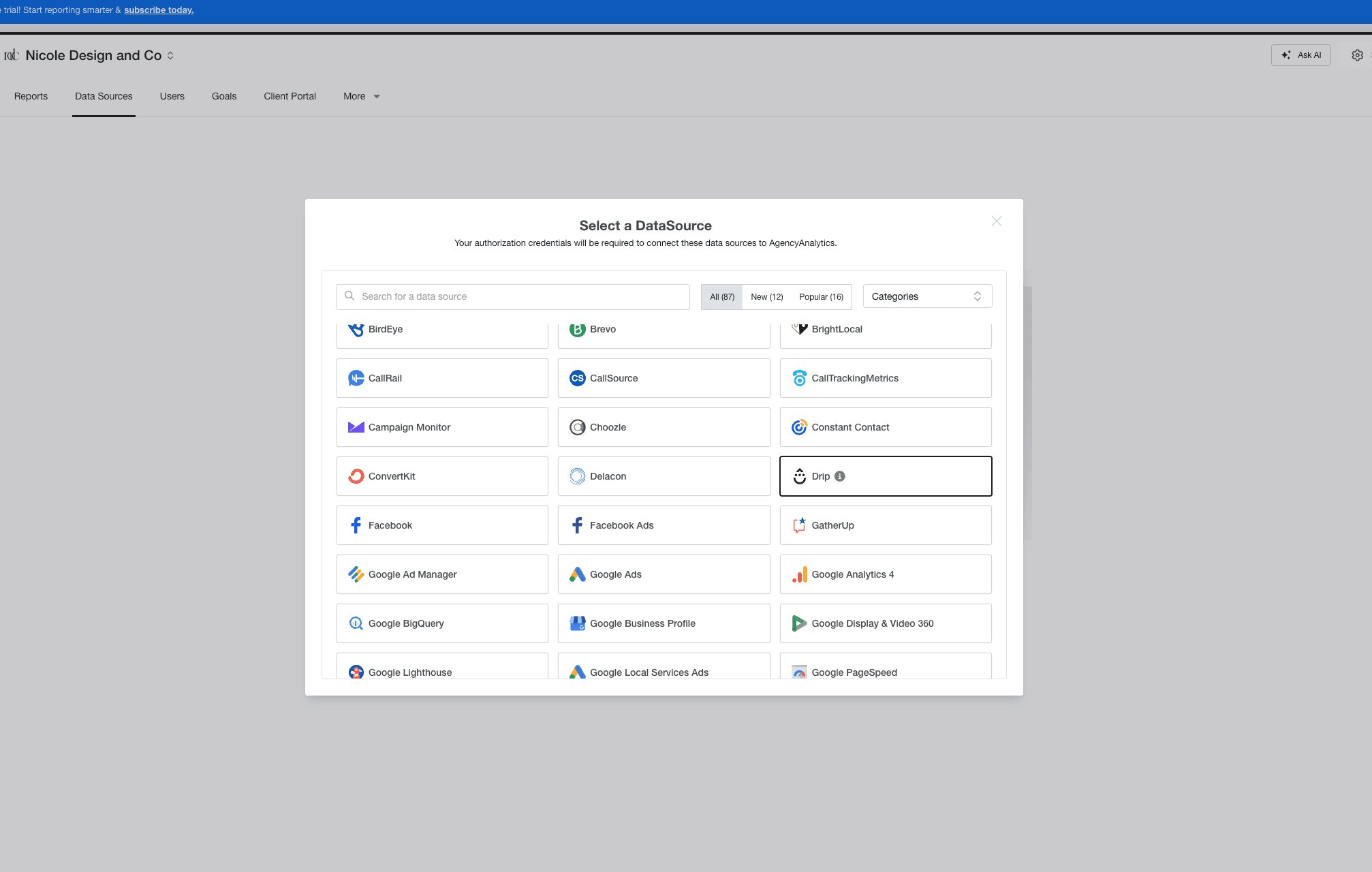 Select Drip integration page