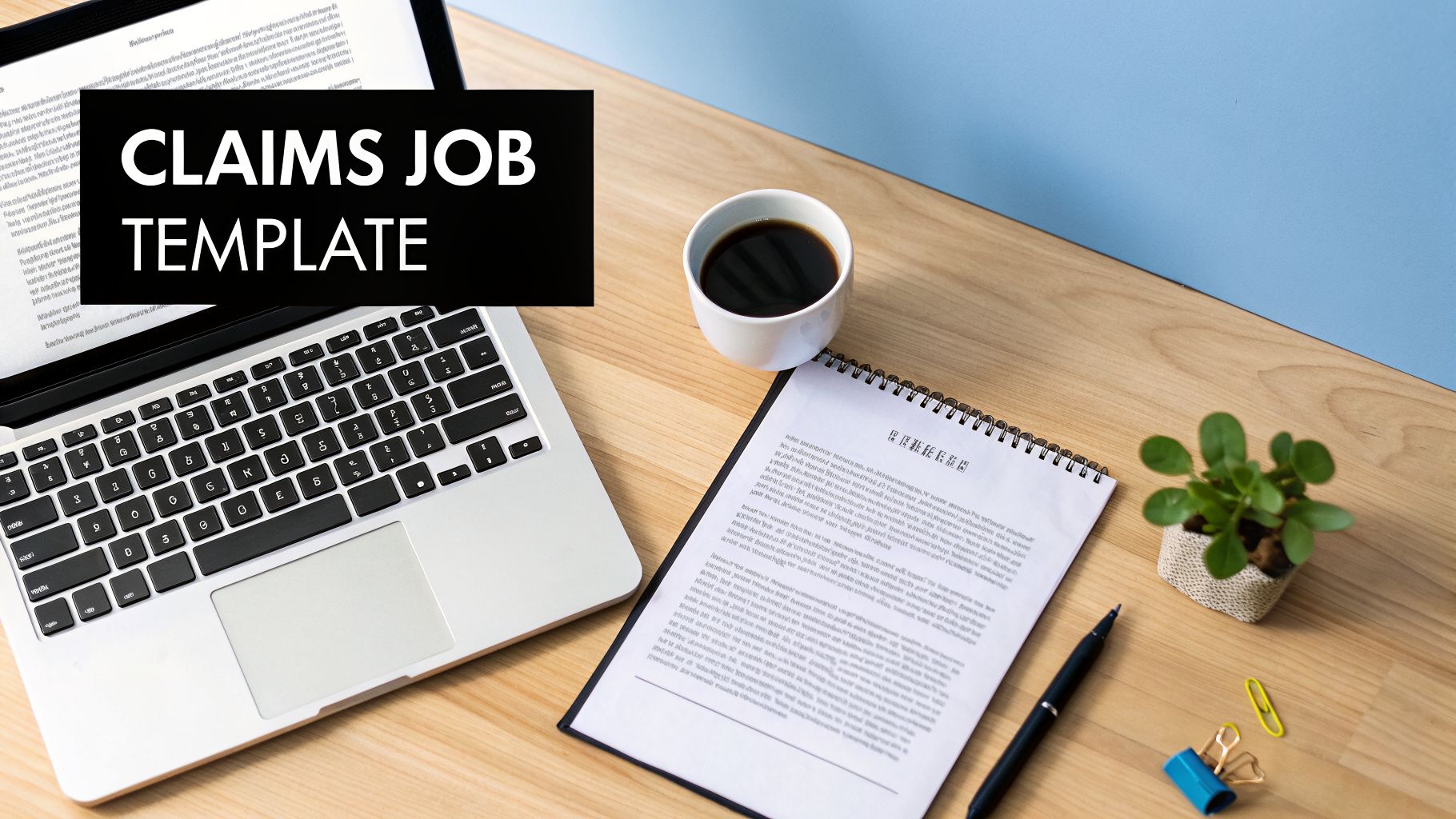 Overhead view of a modern office desk with a laptop, coffee, and document, featuring 'CLAIMS JOB TEMPLATE' text.