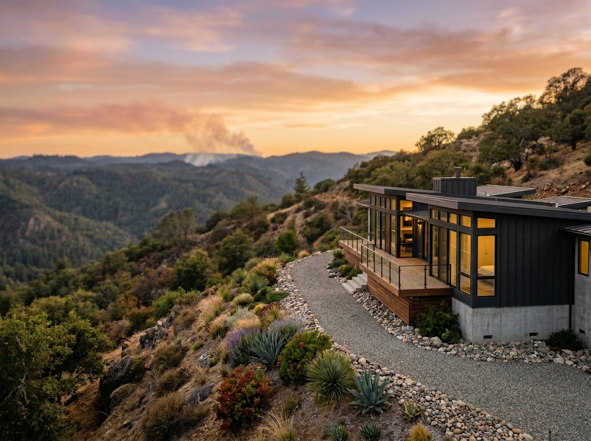 wildfire smoke ridge california hillside home aerial