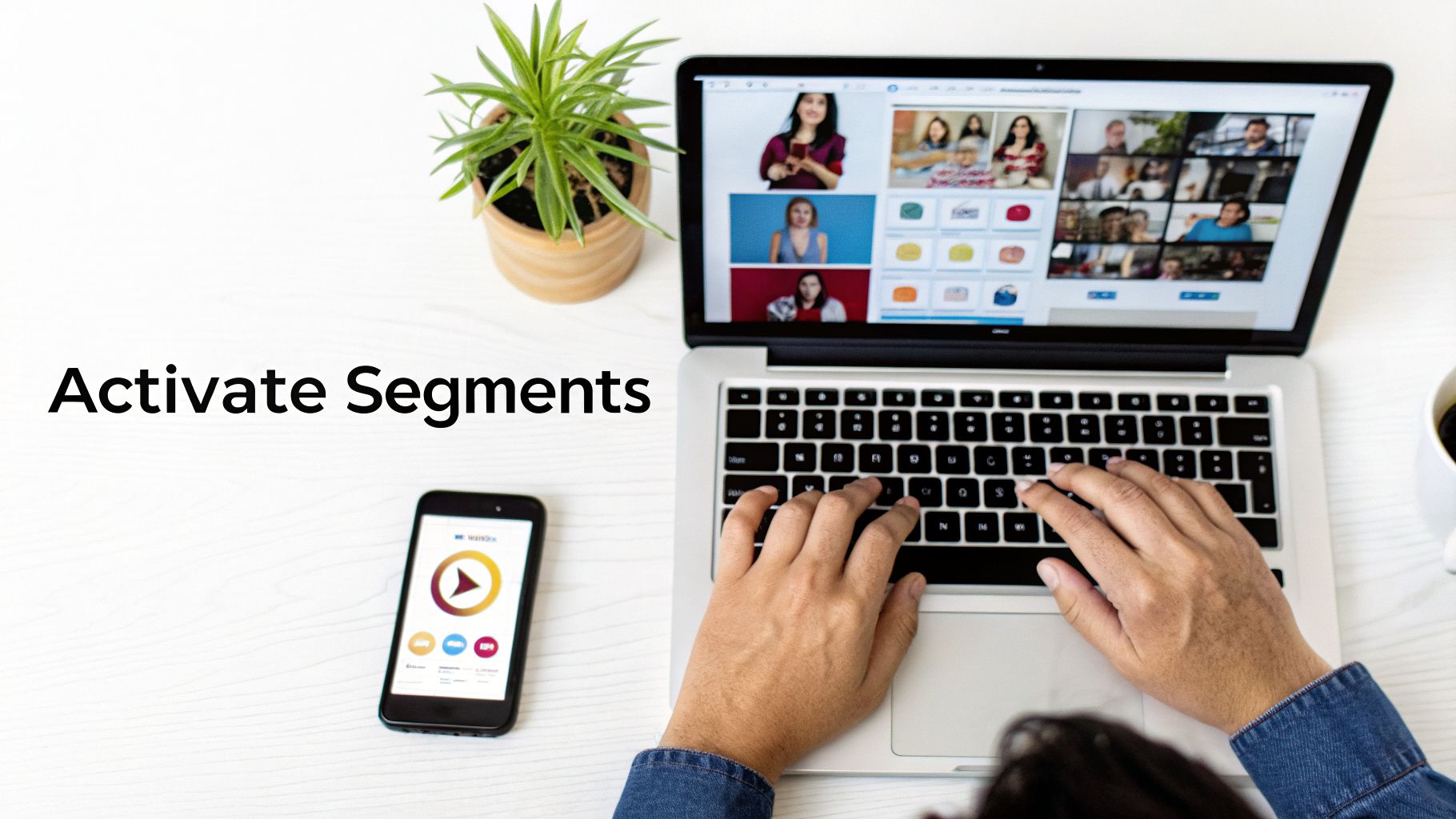 Overhead view of a person using a laptop, showing a video call, products, and 'Activate Segments' text.