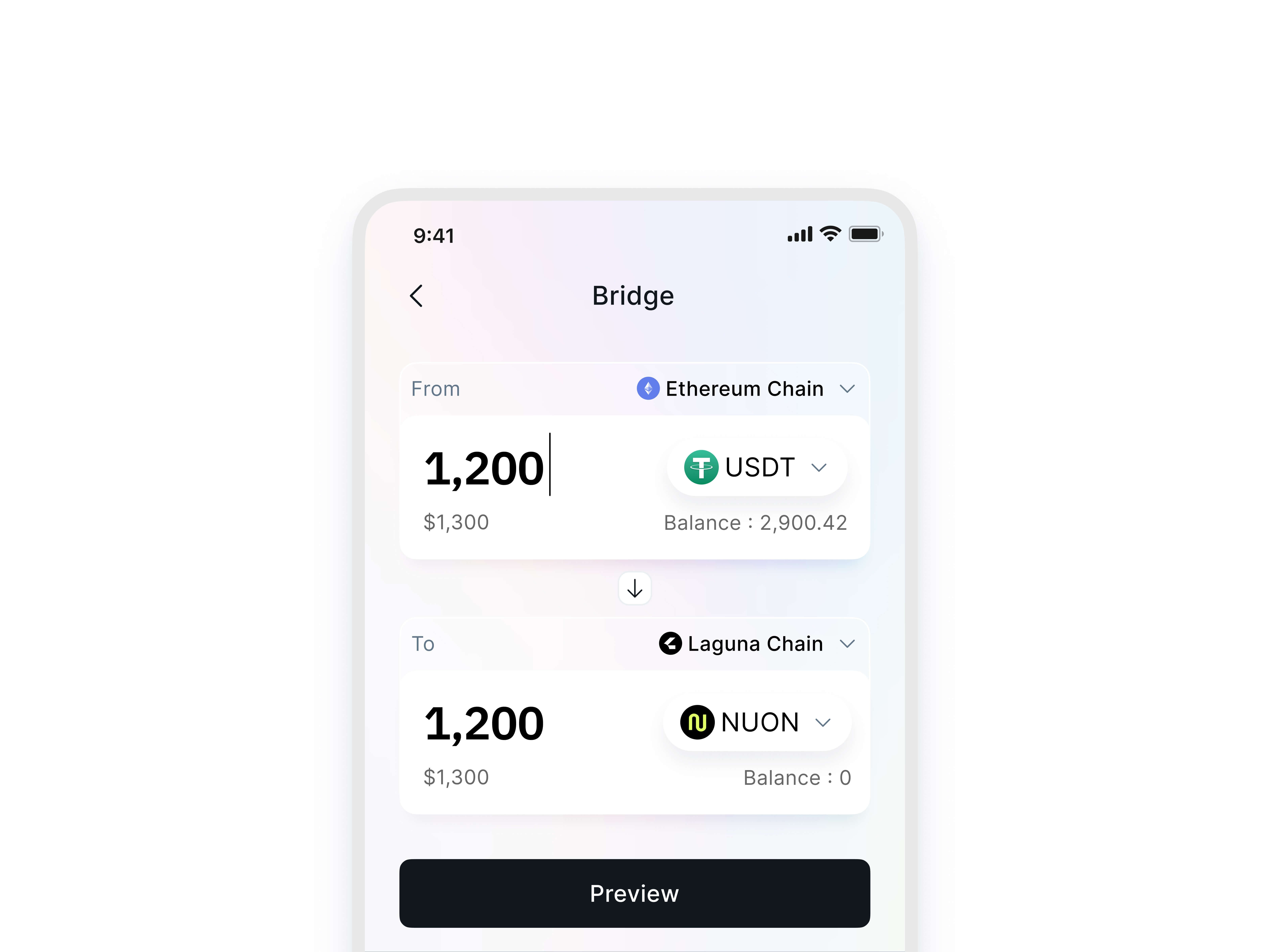Laguna Wallet bridge interface for transferring USDT from Ethereum chain to NUON on Laguna chain with live balance and preview flow