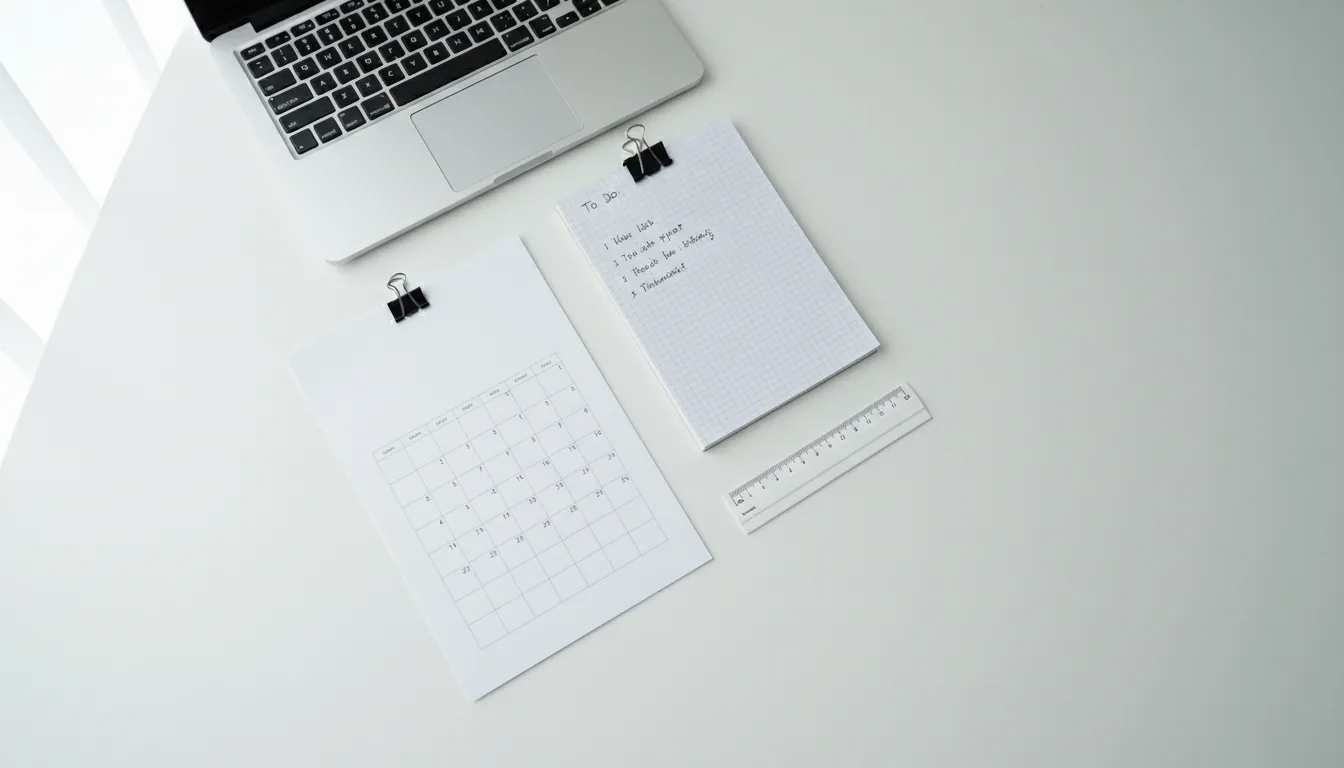 DSLR top-down flat lay photography of a minimalist workspace on a clean white surface. In the top-left corner is the edge of a silver laptop with black keys. To the right, a white spiral-bound notepad with a handwritten to-do list is held together by a black binder clip. Centered below is a blank monthly planner grid and a small white ruler. The scene is illuminated by bright, soft natural daylight, creating subtle soft shadows. The overall aesthetic is clean, high-key, and professional with a cool, desaturated color palette and sharp focus.