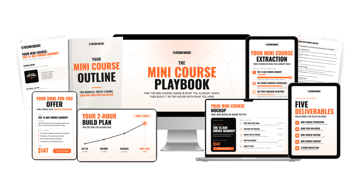 The Mini Course Playbook on a monitor, laptop, tablets and phone