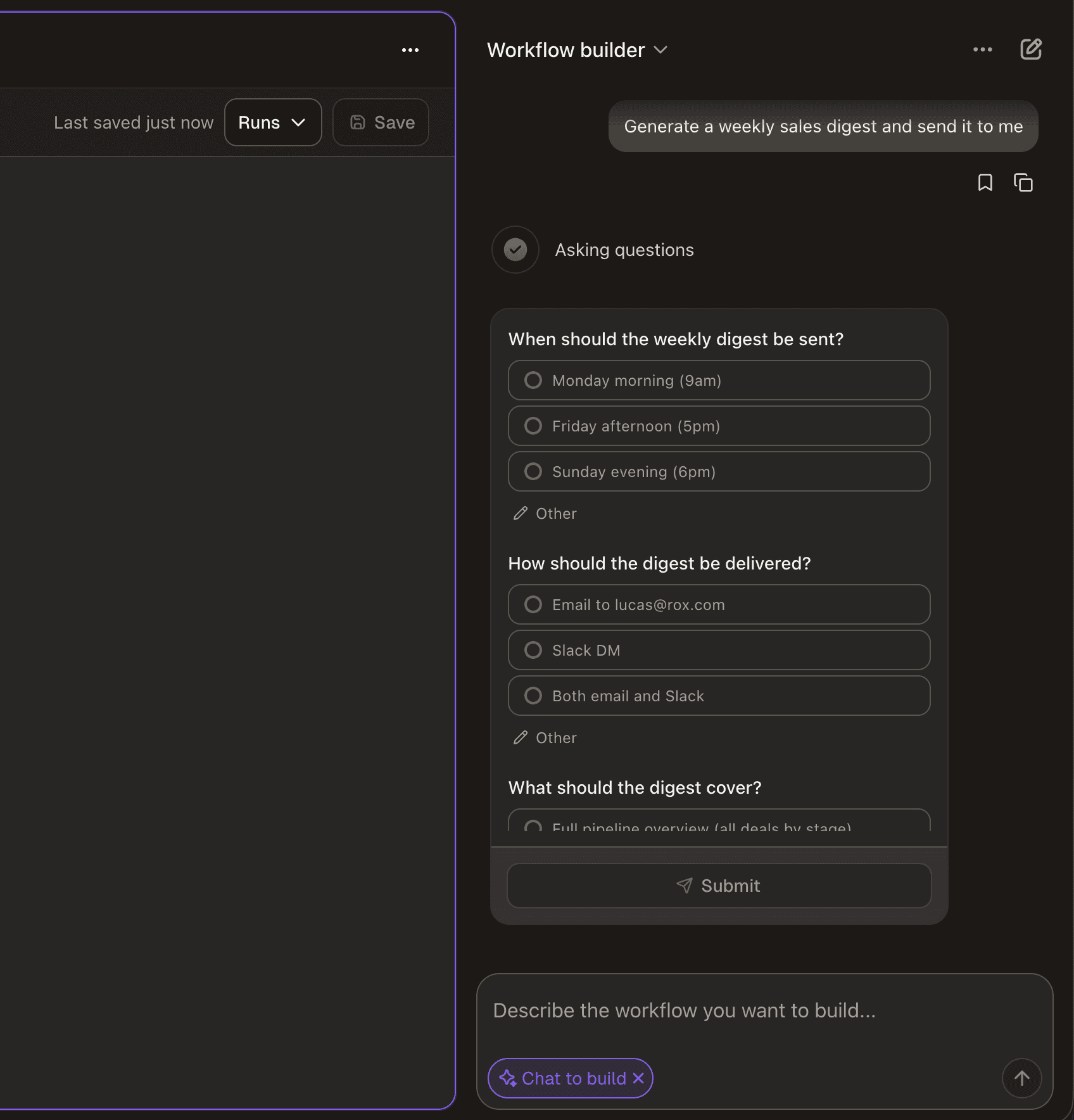 Example of the Workflow Builder asking clarifying questions before building a workflow.