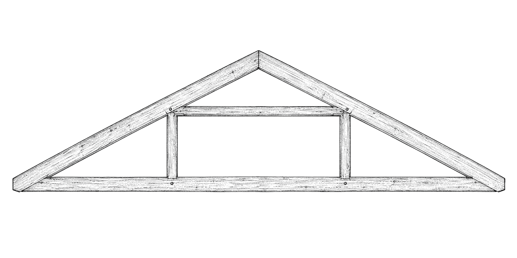 Queen post heavy timber truss illustration with two vertical posts framing an open center panel