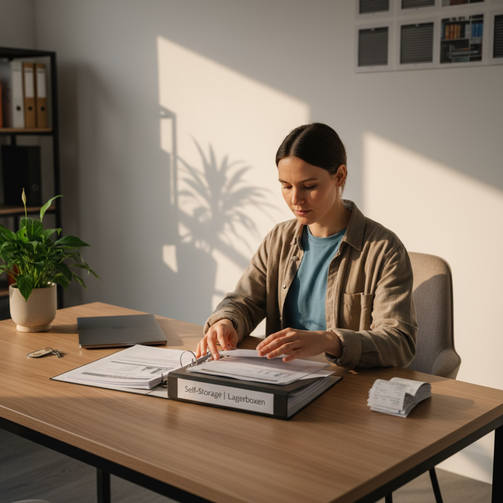 In einem ruhigen Büro sortiert eine Person Rechnungsdokumente in einen beschrifteten Ordner und legt einen Stapel Belege zur Seite. Warmes Nachmittagslicht fällt auf die Tischkante. Eine Topfpflanze wirft ein weiches Schattenspiel. Es wirkt geordnet, geplant und belastbar.