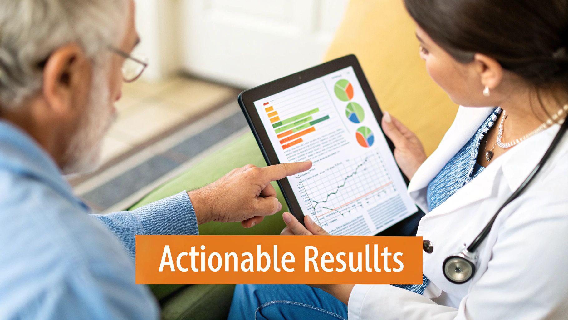 A doctor and an elderly patient review medical data and charts on a digital tablet.