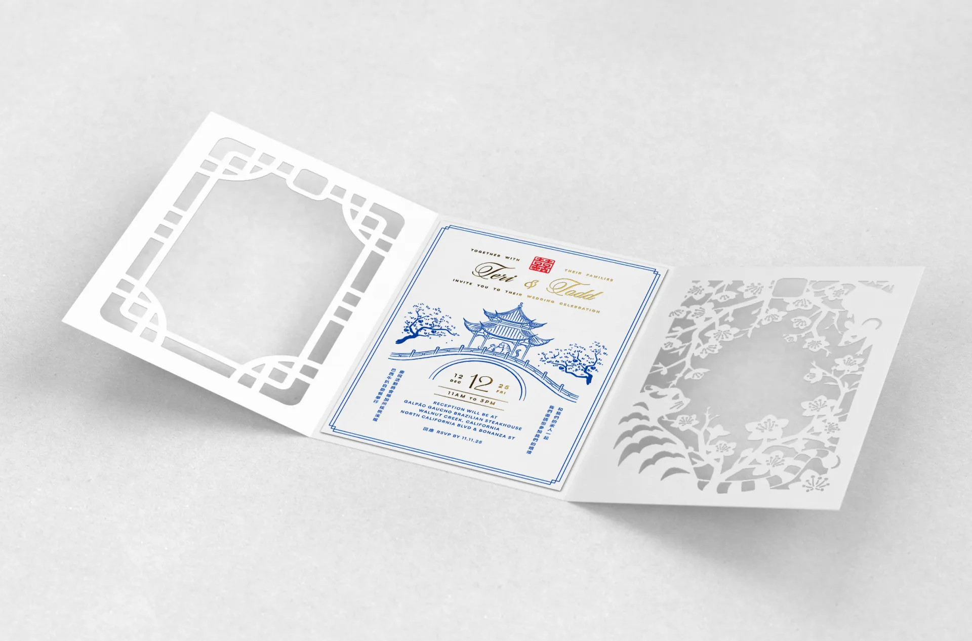 Tri-Fold wedding brochure featuring decorative, laser cut side panels and center invitation card with chinese-porcelain-inspired illustration