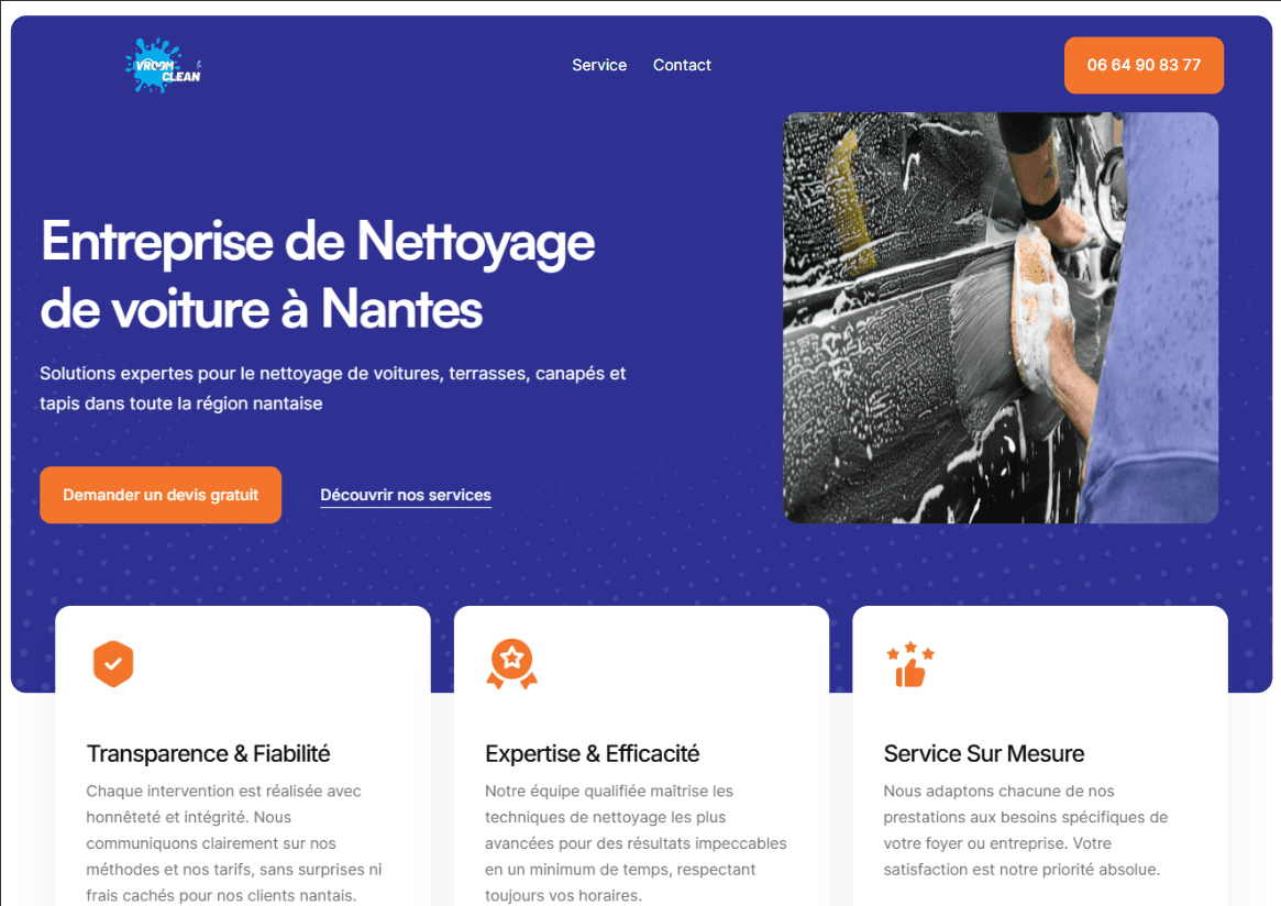 SIte web réalisé pour une nettoyeur automobile. Réalisé par Tamaflow - agence web à nantes.