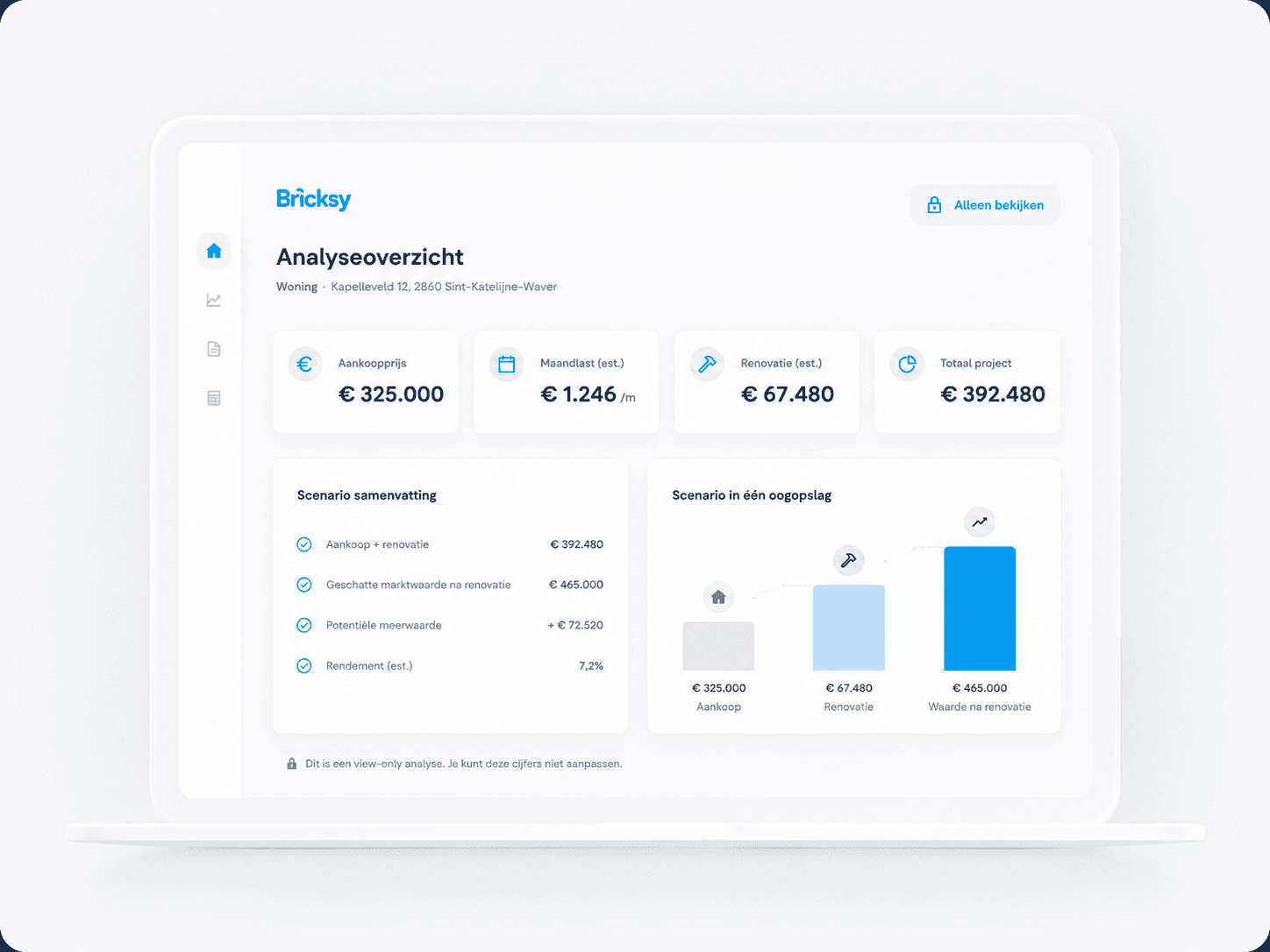 Interface van Bricksy waarin je een vastgoedadvertentie invoert en een eerste aankoopanalyse start.
