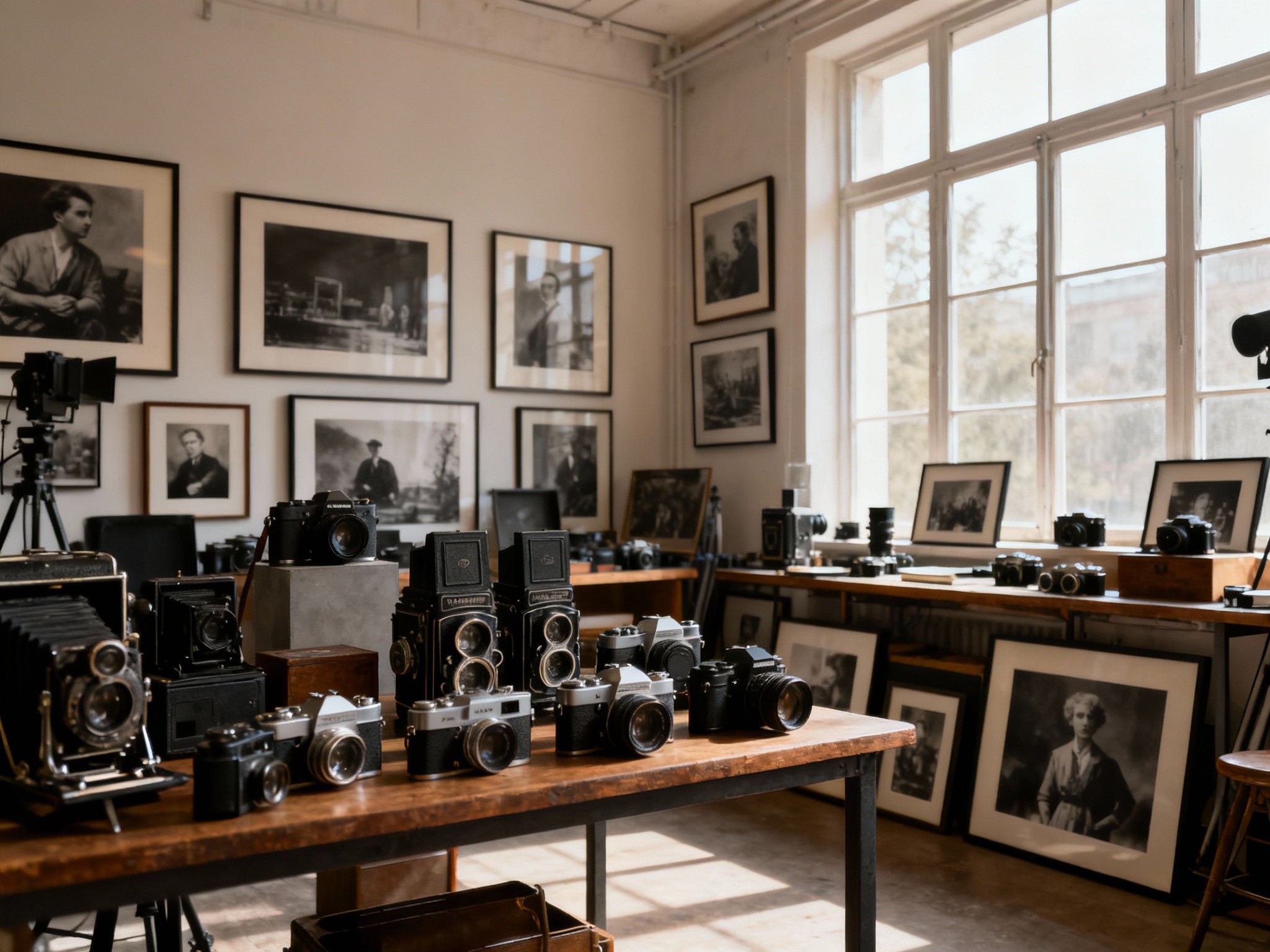 An expansive wide-angle shot of a vintage-style photography studio interior bathed in soft natural