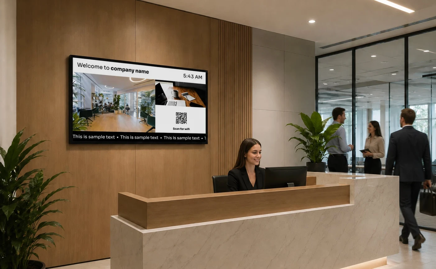 Infochannel at an office reception displaying time, WiFi information and updates.