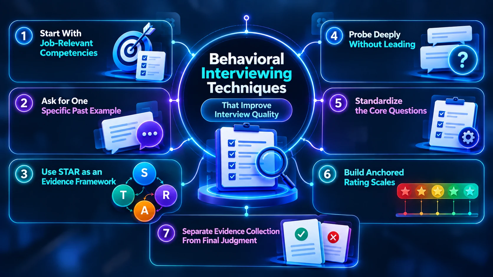 Behavioral interviewing techniques for better interview quality.