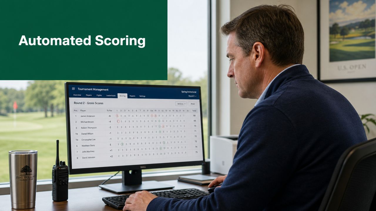 A man monitors a golf tournament leaderboard on a desktop computer in an office setting.