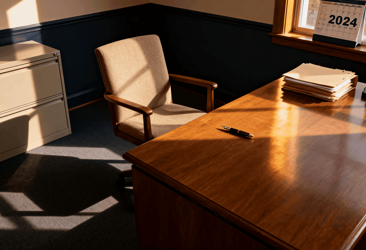 Escritório governamental vazio com mesa, cadeira e janela com luz natural, representando o ambiente de liderança no setor público.