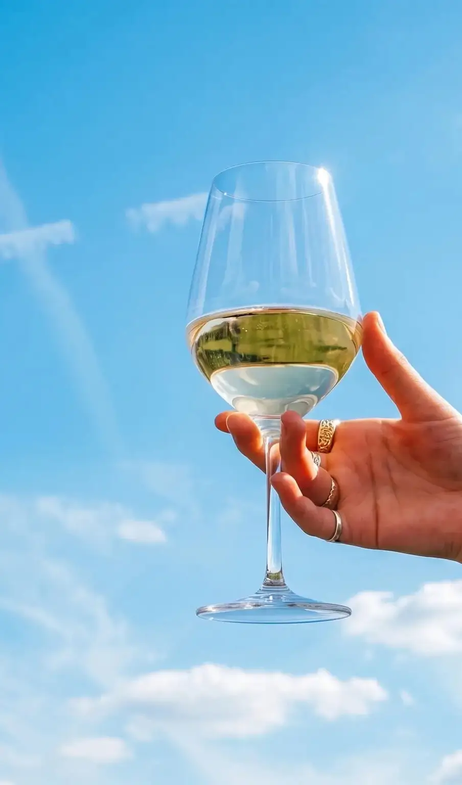 Main tenant un verre de vin blanc devant un ciel bleu.