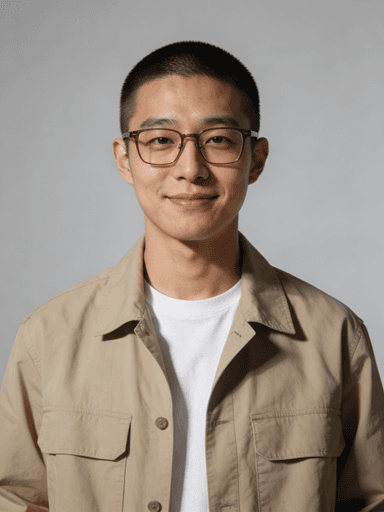A portrait of young man wearing glaases, beige jacket and white shirt. On a solid gray background