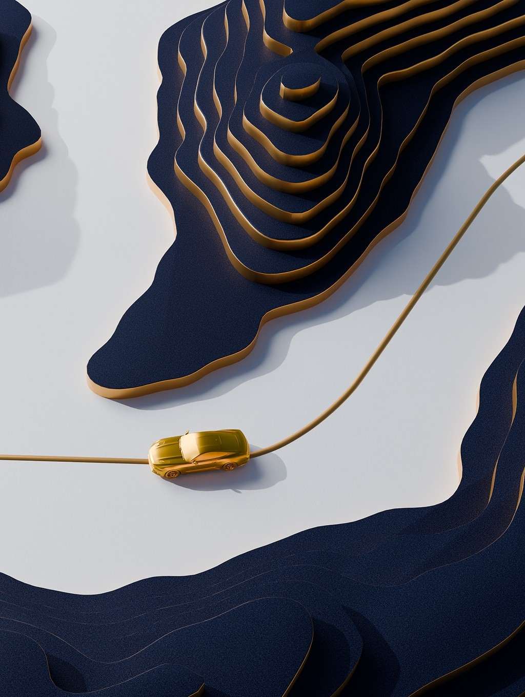 a gold car moving through navy blue topological mountain range