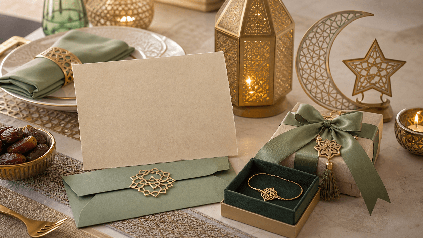 An Eid Mubarak gift kit: a blank card, geometric decor, lanterns, dates and a keepsake jewellery box